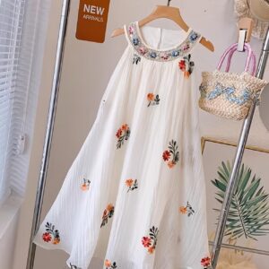 Bohemian Style Dress with Embroidered Flowers and Mesh Overlay