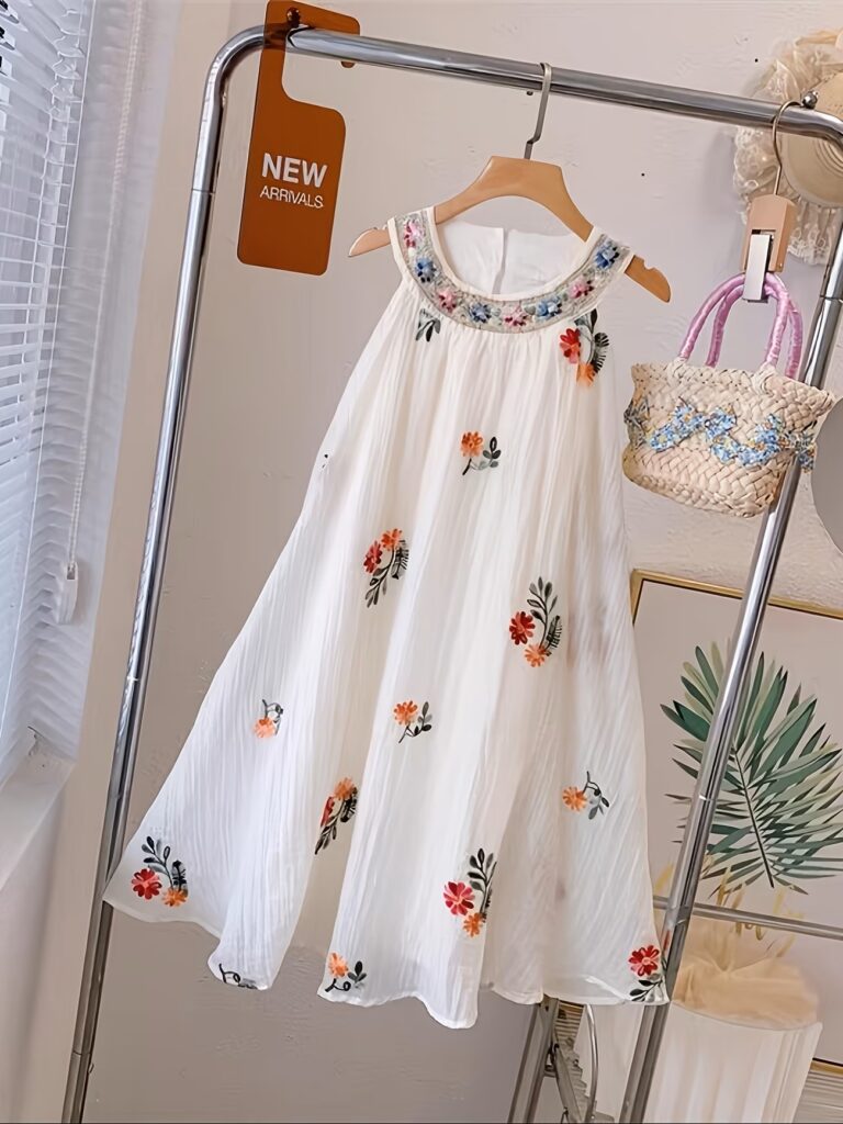 Bohemian Style Dress with Embroidered Flowers and Mesh Overlay
