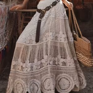 Beige Bohemian Hand-Crocheted Maxi Skirt