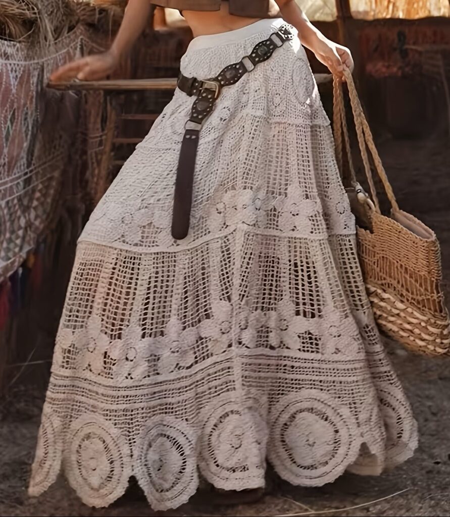 Beige Bohemian Hand-Crocheted Maxi Skirt
