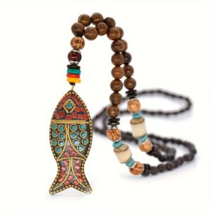 Fish Pendant Wooden Bead Necklace